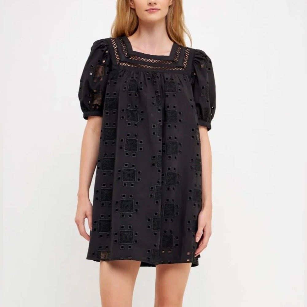 Tuckernuck English Factory Nina Eyelet Puff Sleeve Dress in Black Women's Medium